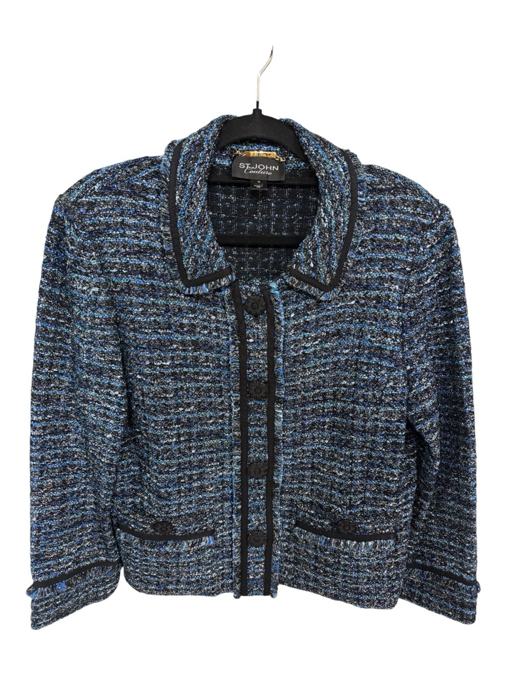 St. John Couture Blue Multi Tweed w Black Trim Jacket Sz 16 Like New